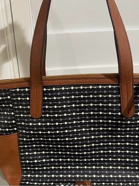Fossil Black and White Patterned Tote with Brown Trim